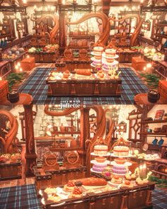 a display case filled with lots of different types of cakes and pastries on top of wooden tables