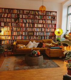 a living room filled with lots of furniture and bookshelves full of books on the wall