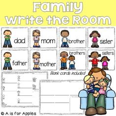 a family write the room game with pictures and words on it's front page