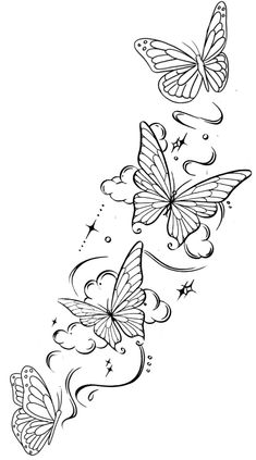 two butterflies flying in the sky with stars and clouds around them, one is black and white