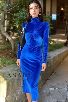 Lasaky - Classy High Neck Twisted Long Sleeve Velvet Cocktail Party Midi Dress Blue Velvet Dresses, Fold Turtleneck, Royal Blue Velvet Dress, Royal Blue Bodycon Dress, Office Holiday Party Outfit, Party Midi Dress, Long Sleeve Turtleneck Dress, Blue Bodycon, Party Outfits For Women