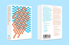 the back and front cover of a book with an orange, blue and white pattern on it