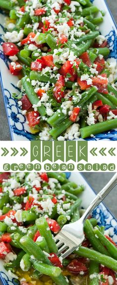 green bean salad with tomatoes, onions and feta cheese on a blue and white plate