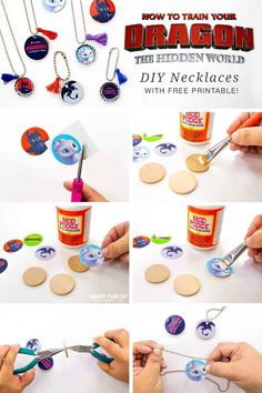 the instructions for how to make diy necklaces with free printable tags and buttons