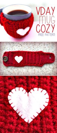 a crocheted red and white heart is next to a cup of coffee with the words vday mug cozy written on it