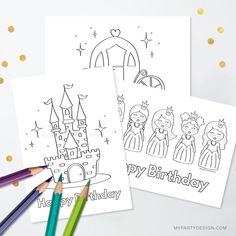 two coloring pages with the words happy birthday on them and some colored pencils next to it