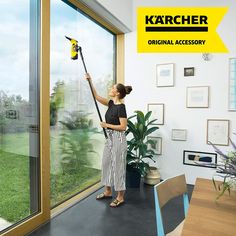 This telescopic extension for the Karcher Window Vac extends from about 2 ft. to 5 ft. to easily clean tall windows or skylights. It securely attaches to the WV 1, WV 50, WV 55 and WV 60 models of Karcher Window Vacs. The set includes 2 telescoping rods: 1 with a flexible joint that allows you to select the best working angle, and 1 with interchangeable and washable cloth pads to apply cleaning solution. No need to haul out heavy ladders, with the WV Evolution Extension Set you can clean those h Window Cleaner Homemade, Streak Free Windows, Window Cleaning Solutions, High Windows, Roof Lantern, Tall Windows, Outdoor Cleaning, Window Squeegee, Cloth Pads