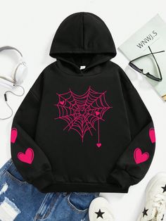 Cute Emo Outfits For School, Prints For Hoodies, Black Pink Clothes, Hoodies Girl, Teen Hoodies, Hoodies For Girls, Clothes For Teens, Graphic Heart, Hoodies Black