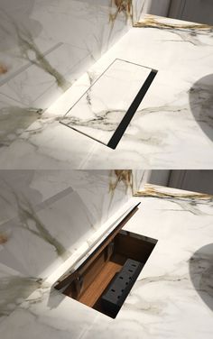 two views of a marble counter top with an open drawer