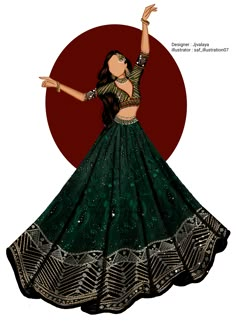 a drawing of a woman in a green and gold lehenga with her arms outstretched