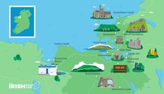 a map of ireland with all the major cities and towns on it's sides