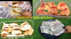 there are four different types of food in plastic trays on the grass, and one is chicken