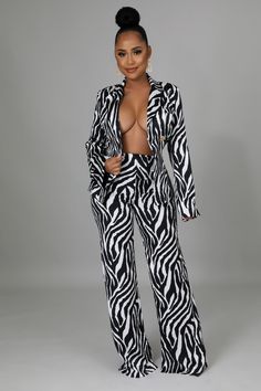 Two piece set Blazer top Collar Long sleeves Button closure High waisted pants Wide legs Zipper closure 100% polyester Hand wash cold Model is wearing a small MODEL STATS Height: 5.6"Bust:34" / Waist:25" / Hips:41" Zebra Print Pants, India Arie, Slay All Day, Outfits Petite, Current Fashion, Blazer Set, 2022 Trends, Early Spring Outfits, Outfits 2022