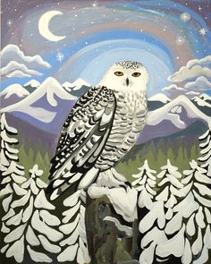 an owl sitting on top of a tree stump in front of a night sky with stars and clouds