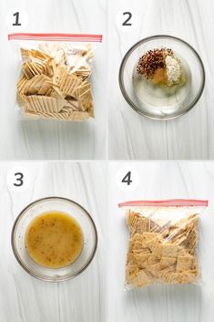 four pictures showing how to make an appetizer with crackers, cheese and sauce