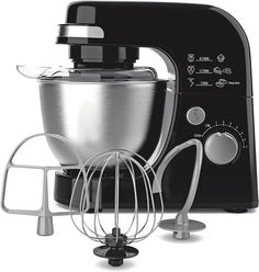 a black and silver mixer sitting on top of a table