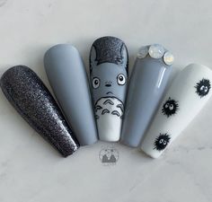 My Neighbor Totoro Nail Art, Anime Gel Nails, My Neighbor Totoro Nails, Anime Nails Aesthetic, Totoro Nail Art, Anime Nails Acrylic, Anime Nail Designs, Totoro Nails, Anime Nails Art