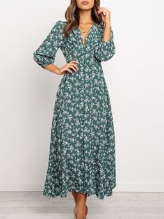 Women Chiffon Long Dress Floral Print Lantern Sleeve A-line Maxi Vestidos Autumn New Elegant Vintage V Neck Winter Dresses Chiffon Long Dress, Floral Print Dress Long, Plus Size Party Dresses, Floral Dresses Long, High Waist Dress, Autumn Dress, Vestidos Vintage, Long Puff Sleeves, Lantern Sleeve