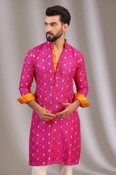 Pink kurta with zari embroidered jaal patterns, embellished by sequins on a bandhej pattern base. Comes with pant. - Aza Fashions Bollywood Style Silk Sherwani With Gota Work, Silk Sherwani With Gota Work For Festivals, Bollywood Style Cotton Silk Sherwani For Designer Wear, Bollywood Style Cotton Silk Sherwani, Bollywood Style Sherwani With Gota Work, Bollywood Style Designer Cotton Silk Bandhgala, Bollywood Style Sherwani With Gota Work For Diwali, Bollywood Style Sherwani For Diwali With Gota Work, Bollywood Cotton Silk Sherwani With Cutdana