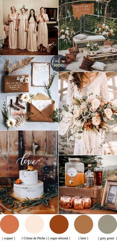 a collage of different color schemes for wedding decorations and bridesmaid outfits with flowers