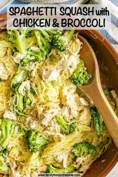 this spaghetti dish with chicken and broccoli is ready to be served in the oven