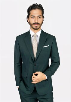 Experience statement-making style in the Astor Sacramento Green Suit. This crowd favorite and best seller features a unique look thanks to its vibrant green color and sharkskin weave. Crafted with attention to detail, this custom-made suit turns heads wherever it's seen. Elegant Green Business Casual Suits, Green Formal Suit With Welt Pockets, Green Suits With Welt Pockets For Semi-formal Occasions, Semi-formal Green Suits With Welt Pockets, Green Semi-formal Suits With Welt Pockets, Green Suit With Suit Collar, Tailored Dark Green Business Suit, Classic Dark Green Business Suit, Green Custom Fit Suit For Semi-formal Occasions