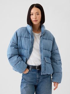 Oversized Denim Puffer Jacket Puffer Jacket Oversized, Fall Jackets Outfit, Japan Fits, Style Roots, Pop Aesthetic, Trendy Jackets, Vintage Fits, Fall Fits, Beach Cottage