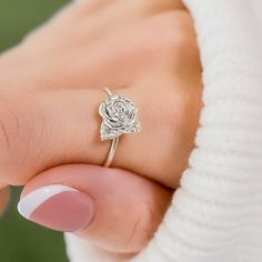 Embrace the beauty of nature with our 3D-printed Rose Ring. This intricately crafted piece captures the essence of a blooming rose, making it a stunning accessory for flower enthusiasts and nature lovers alike. Whether as a gift or a treat for yourself, this delicate and dainty ring is sure to make a lasting impression. Size: Varies by size about 2.5-3.5 tall and 1.2-1.3 thick Rose Making, Rose Flower Ring, Dainty Rose, Solid Gold Chains, Rose Ring, Blooming Rose, Lovely Jewellery, Dainty Ring, Flower Ring