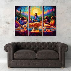 three paintings depicting the last supper of jesus on a wall above a couch in a living room