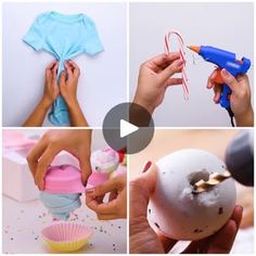 several pictures showing how to make cupcakes with icing