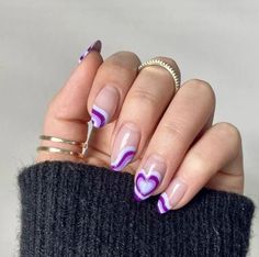 These abstract purple nails are absolutely gorgeous, and the heart design on the accent nail really brings the look together. Dark Purple Nails, Kutek Disney, Purple Acrylic Nails, Purple Nail Designs, Her Nails, Heart Nails, Fire Nails, Dream Nails