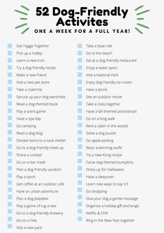 the 52 dog - friendly activities list is shown