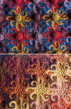 two crocheted squares with different colors and patterns, one is multicolored