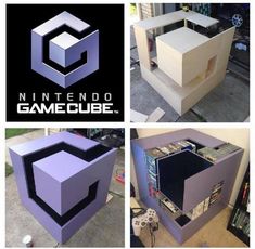 three different pictures of an entertainment center made out of cardboard boxes, with the words nintendo gamecube printed on it