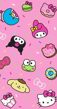 hello kitty wallpaper with many different types of donuts