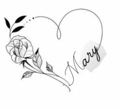 a drawing of a heart with flowers and the word mary written on it in cursive writing