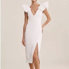 White. Bridal. White Satin Midi Dress, Midi White Dress, Rebecca Vallance, Courthouse Wedding, Halter Midi Dress, Strapless Midi Dress, Ruched Midi Dress, Bow Detail Dress, V Neck Midi Dress