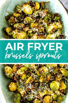 an air fryer brussel sprouts dish with parmesan cheese