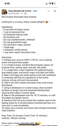 the recipe for chocolate chip cookies is shown in this screenshote screen shot from facebook