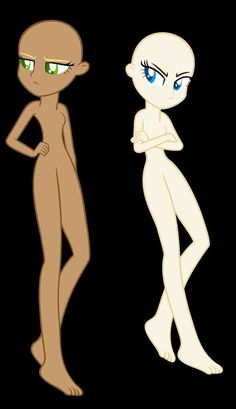 two cartoon characters standing side by side, one with green eyes and the other without