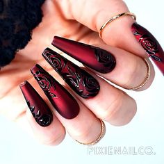 Goth Nails - Matte Metallic Red and Black Hard Gel Unique Nail Designs 2023, Unique Black Nails, Ballet Nails, Black Nail Polish, Matte Nails Design, Rose Nails