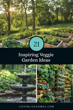 This Pinterest pin highlights 21 innovative vegetable garden designs using beautiful imagery. It showcases creative ways to grow your own food with unique design elements, such as companion planting methods and effective watering features.