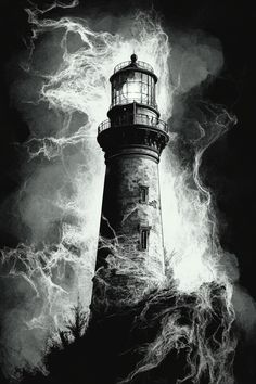 a black and white photo of a lighthouse surrounded by storm clouds in the night sky