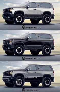 four different views of the front and rear sides of a silver truck with black rims