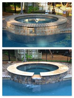 two pictures of an outdoor hot tub in a backyard