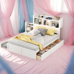 a bedroom with pink, blue and white drapes