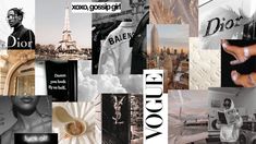 the collage shows many different images in black and white, including an advertisement for dior