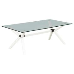 a glass table with two white legs and a black base on the top, against a white background