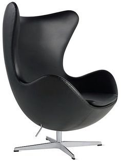 the egg chair is black with chrome legs