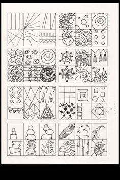 a black and white drawing of many different designs on it's side, including geometric shapes